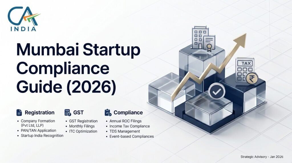 Professional 16:9 corporate graphic titled “Mumbai Startup Compliance Guide (2026)” with a clean white and light-grey geometric background. On the left side, the CA India logo appears above large dark-blue headline text. Below the heading are three compliance sections: Registration, GST, and Compliance, each with icons and bullet points covering company formation, PAN/TAN application, GST registration, ROC filings, income tax compliance, and TDS management. On the right side, a futuristic 3D glass-style illustration shows financial and compliance-related icons, including buildings, tax calculator, approval checkmark, and an upward growth arrow in gold, symbolizing startup growth and regulatory compliance in India.