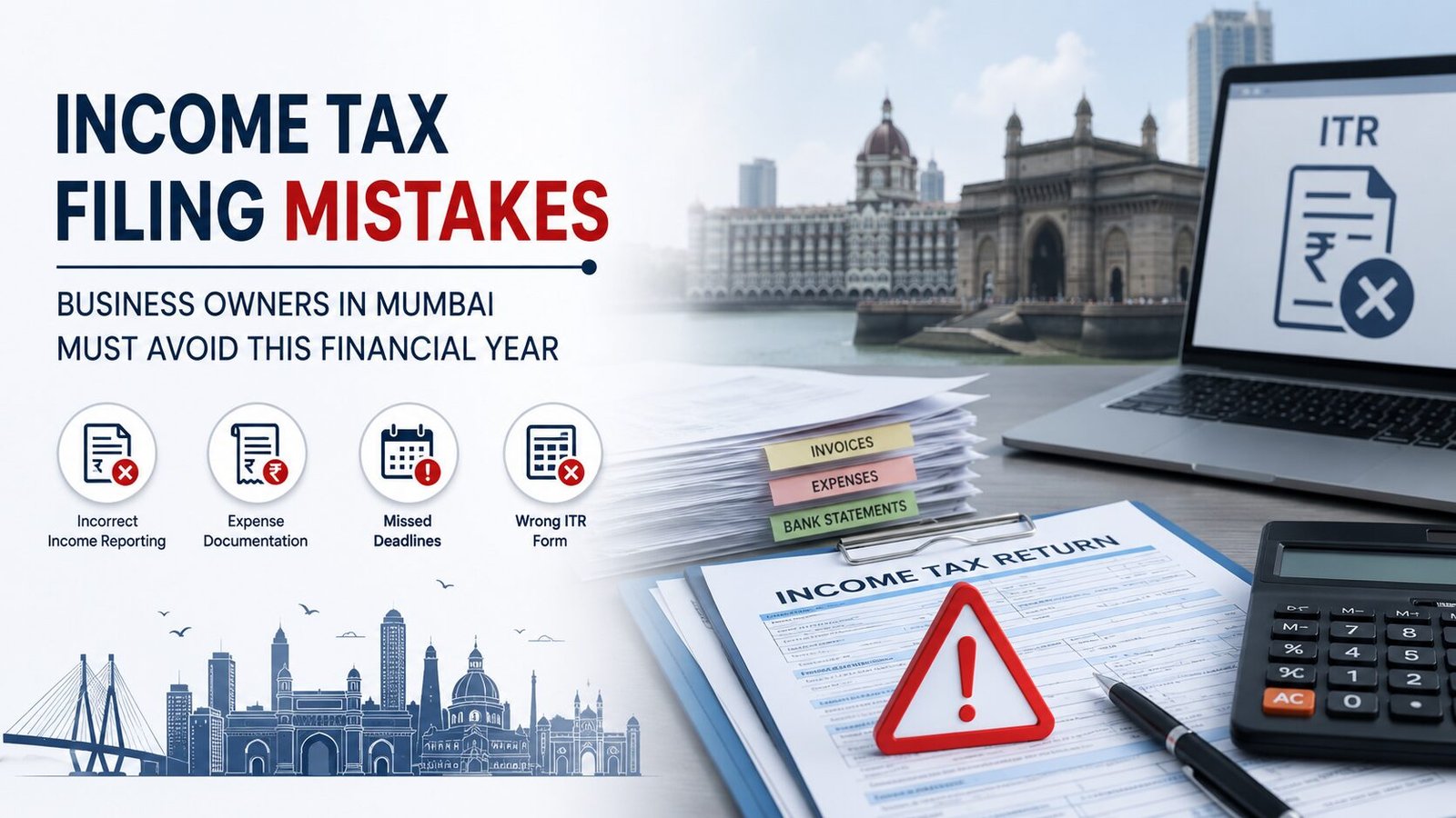 Professional financial awareness graphic about common income tax filing mistakes for Mumbai business owners. The design features a bold headline reading “Income Tax Filing Mistakes” with the word “Mistakes” highlighted in red. Supporting text states that Mumbai business owners must avoid these errors during the financial year. The left section includes illustrated icons representing incorrect income reporting, poor expense documentation, missed deadlines, and choosing the wrong ITR form. The right side shows a realistic office desk setup with income tax return documents, invoices, expense files, bank statements, a warning sign, calculator, and laptop displaying an ITR error icon. In the blurred background, Mumbai landmarks including the Gateway of India are visible, reinforcing the local business and taxation theme.